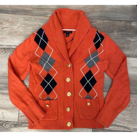 Tommy Hilfiger Sweaters - Tommy Hilfiger Argyle Cardigan Sweater Size Large Orange Shawl‎ gold Buttons
